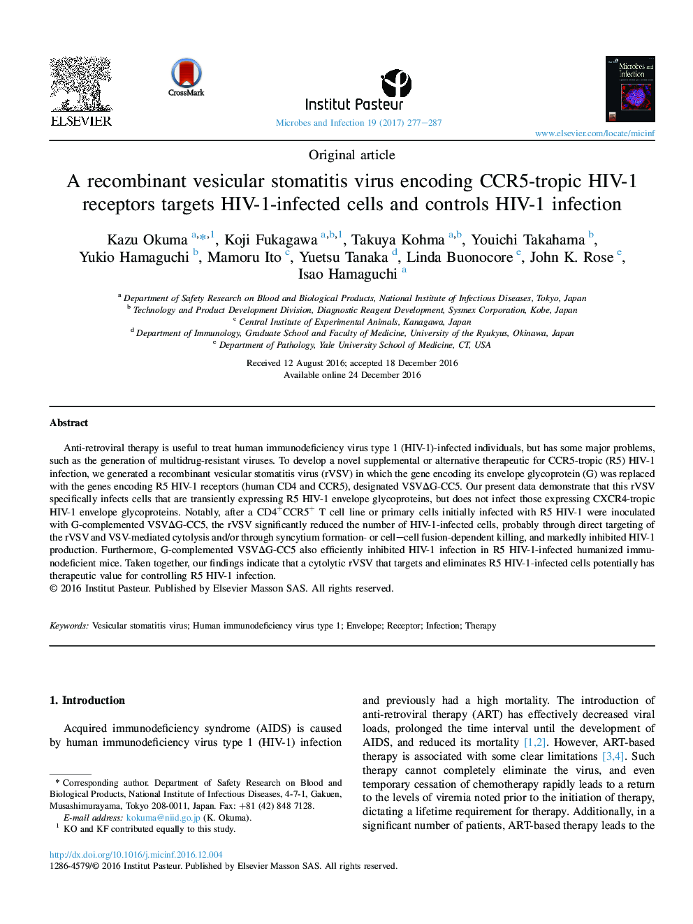 A recombinant vesicular stomatitis virus encoding CCR5-tropic HIV-1 receptors targets HIV-1-infected cells and controls HIV-1 infection