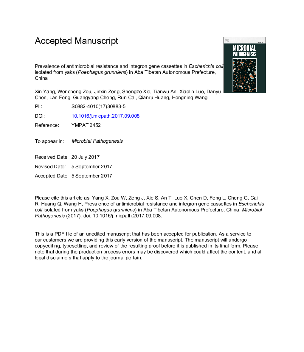 Prevalence of antimicrobial resistance and integron gene cassettes in Escherichia coli isolated from yaks (Poephagus grunniens) in Aba Tibetan Autonomous Prefecture, China