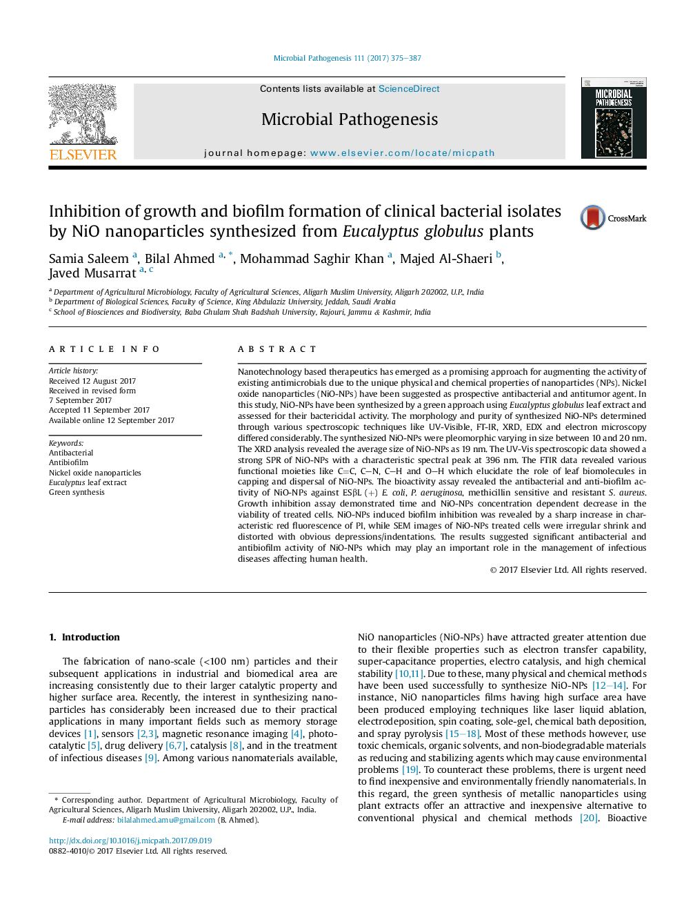 Inhibition of growth and biofilm formation of clinical bacterial isolates by NiO nanoparticles synthesized from Eucalyptus globulus plants