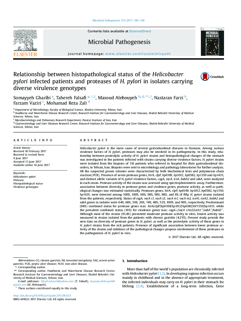 Relationship between histopathological status of the Helicobacter pylori infected patients and proteases of H.Â pylori in isolates carrying diverse virulence genotypes