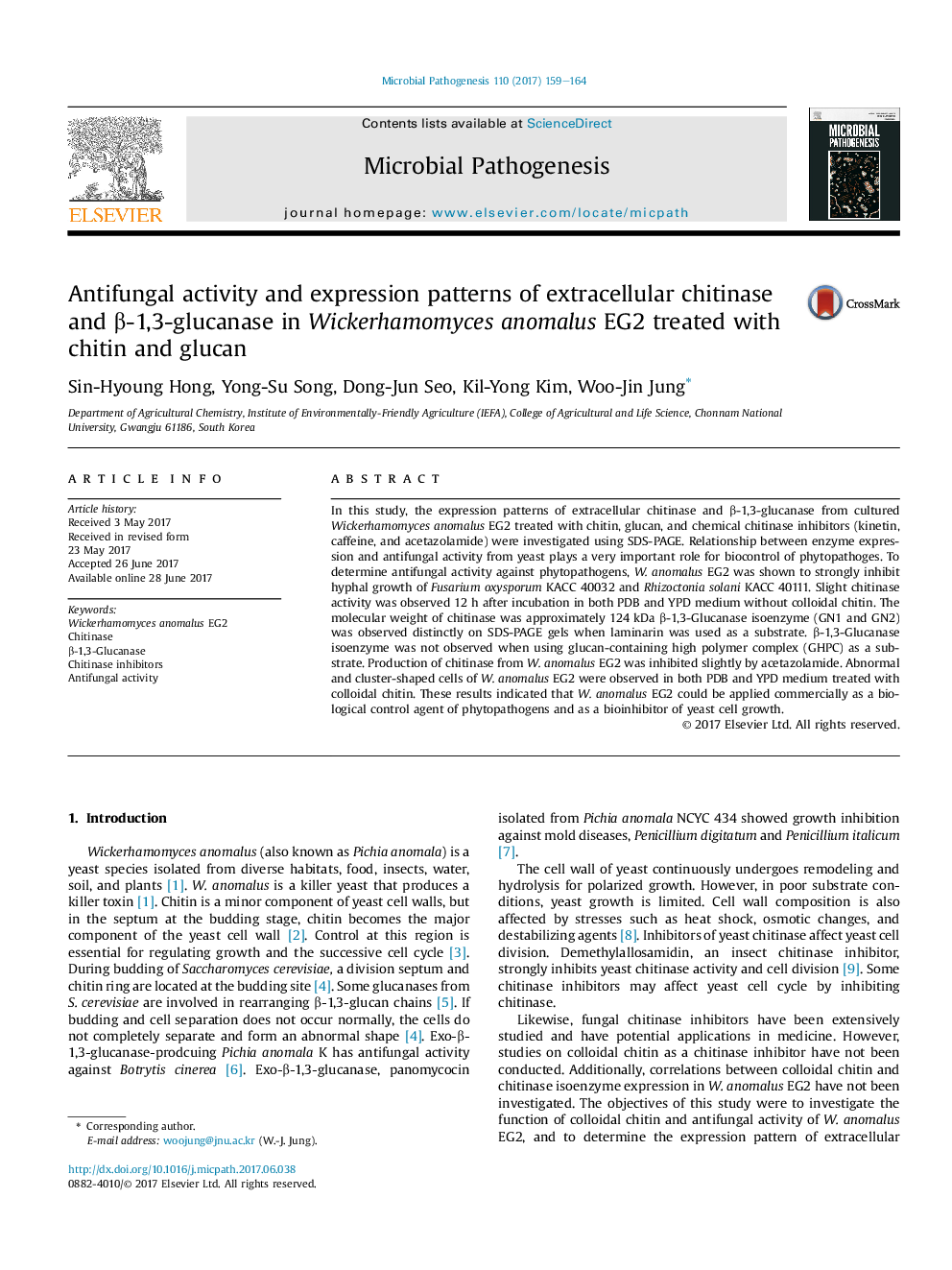 Antifungal activity and expression patterns of extracellular chitinase and Î²-1,3-glucanase in Wickerhamomyces anomalus EG2 treated with chitin and glucan