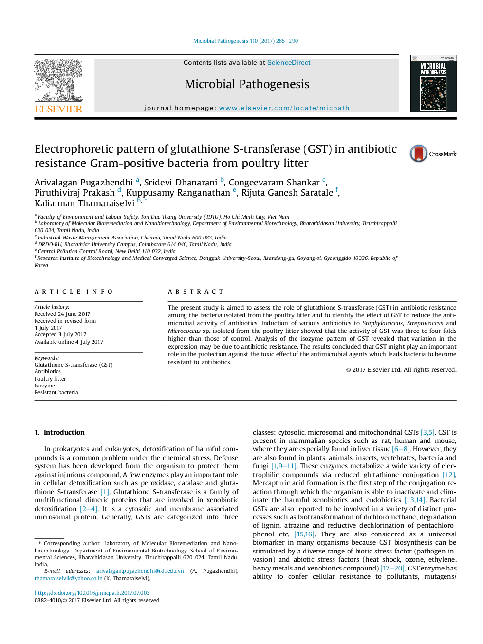 Electrophoretic pattern of glutathione S-transferase (GST) in antibiotic resistance Gram-positive bacteria from poultry litter