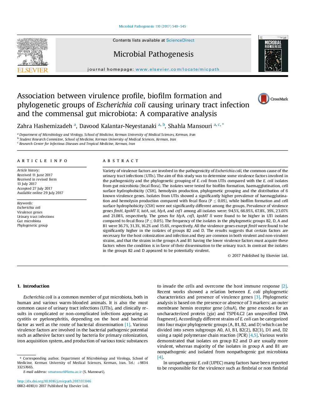 Association between virulence profile, biofilm formation and phylogenetic groups of Escherichia coli causing urinary tract infection and the commensal gut microbiota: A comparative analysis