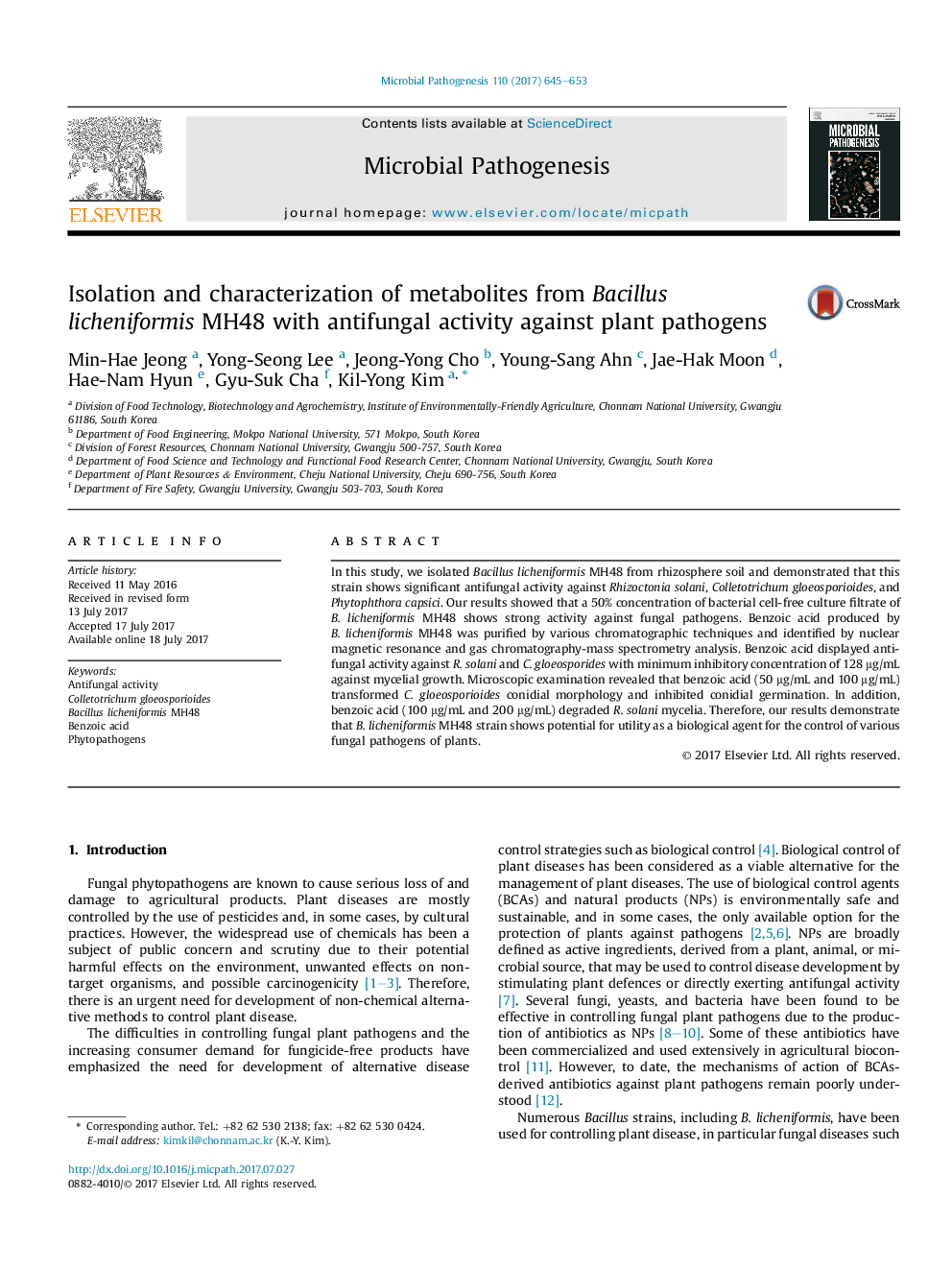 Isolation and characterization of metabolites from Bacillus licheniformis MH48 with antifungal activity against plant pathogens