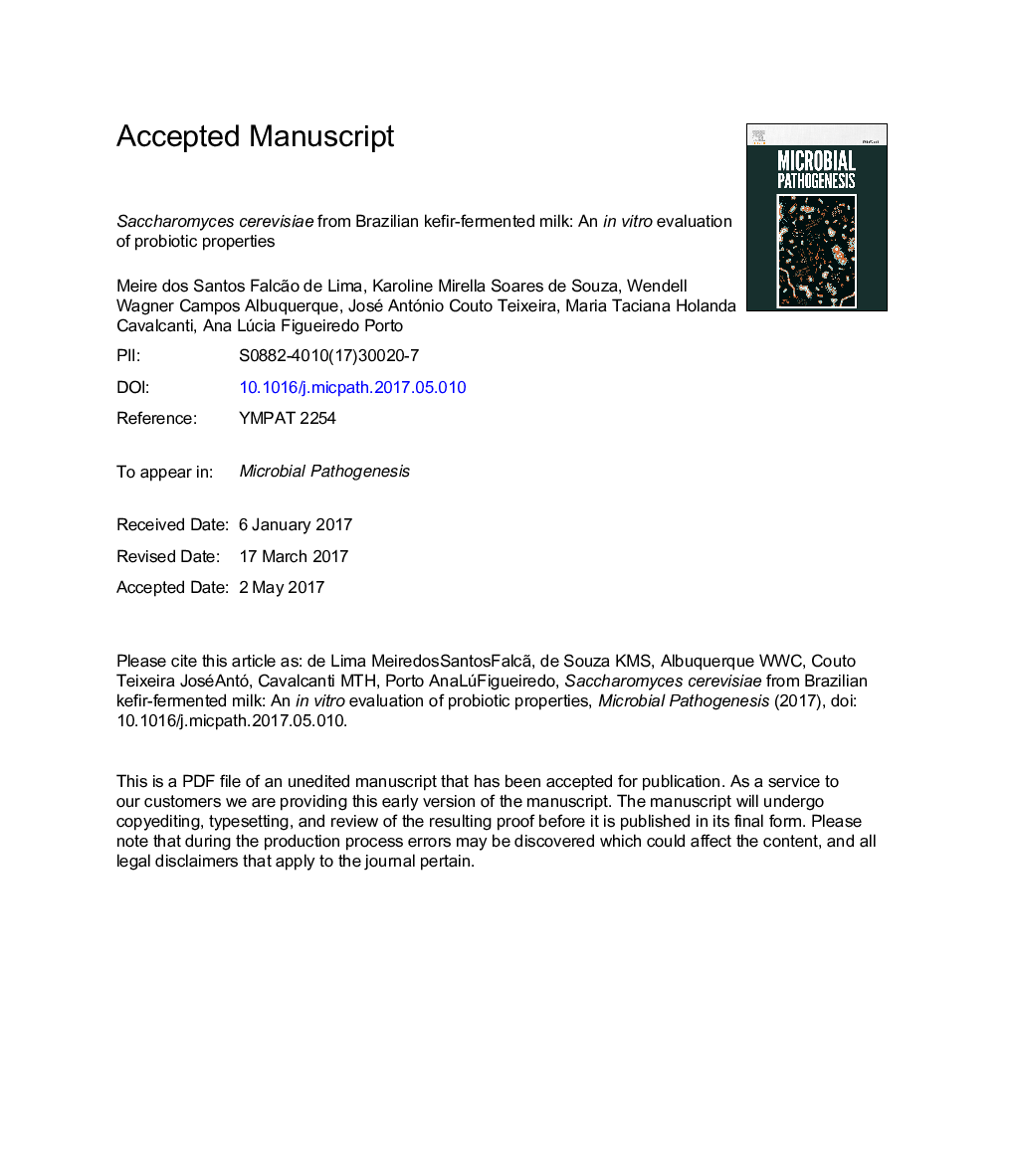 Saccharomyces cerevisiae from Brazilian kefir-fermented milk: An inÂ vitro evaluation of probiotic properties