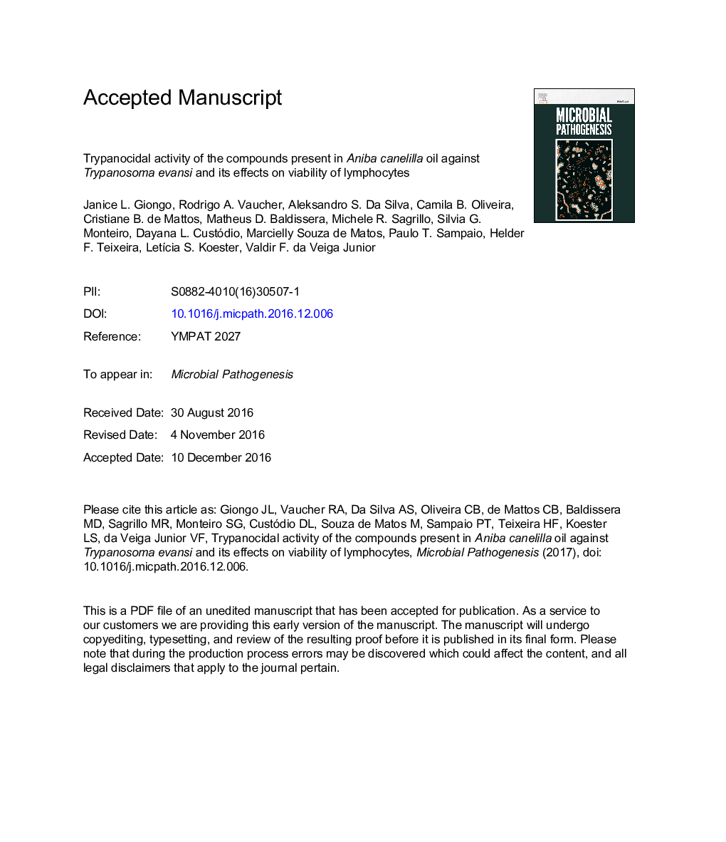 Trypanocidal activity of the compounds present in Aniba canelilla oil against Trypanosoma evansi and its effects on viability of lymphocytes