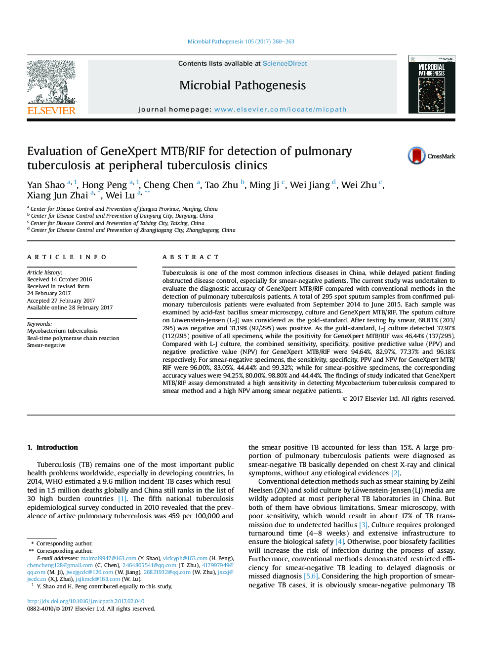 Evaluation of GeneXpert MTB/RIF for detection of pulmonary tuberculosis at peripheral tuberculosis clinics