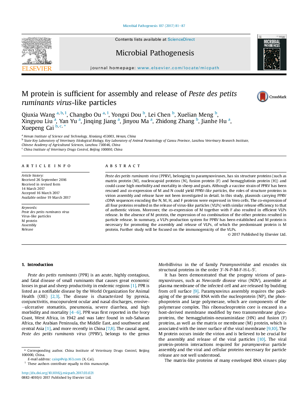 M protein is sufficient for assembly and release of Peste des petits ruminants virus-like particles