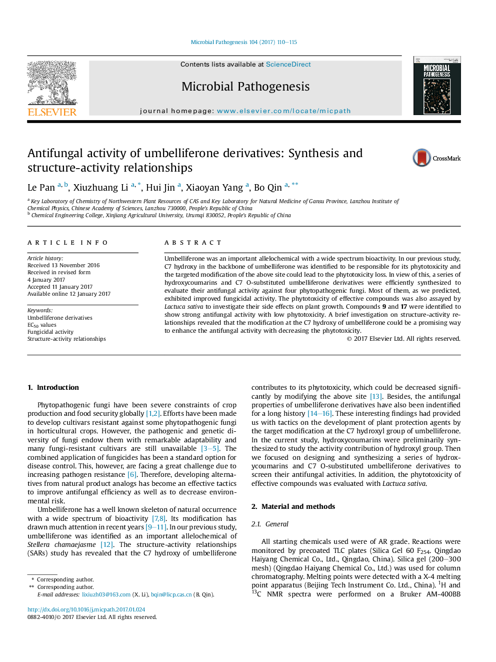 عکس صفحه اول مقاله: Antifungal activity of umbelliferone derivatives: Synthesis and structure-activity relationships Antifungal activity of umbelliferone derivatives: Synthesis and structure-activity relationships