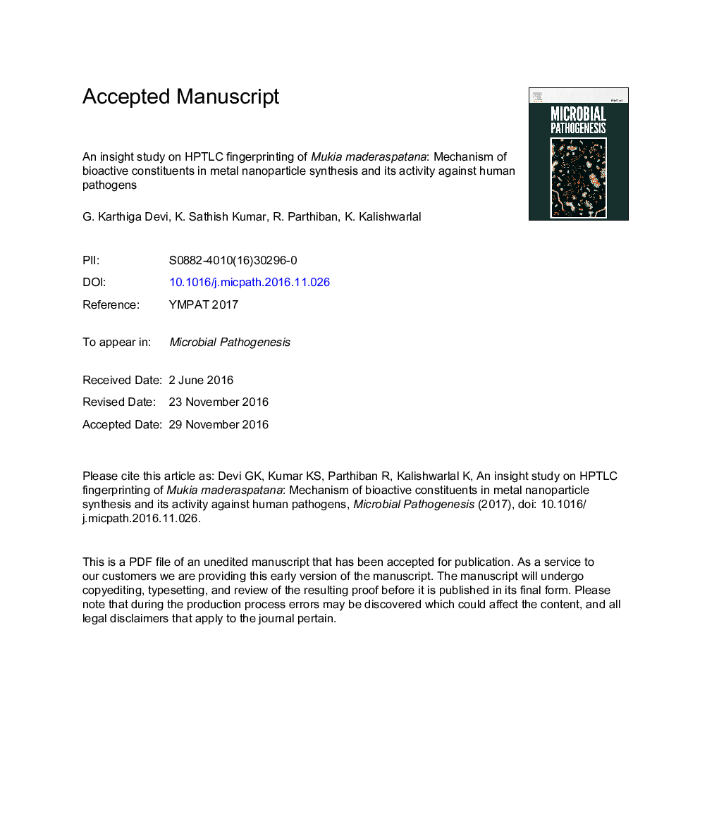 An insight study on HPTLC fingerprinting of Mukia maderaspatna: Mechanism of bioactive constituents in metal nanoparticle synthesis and its activity against human pathogens