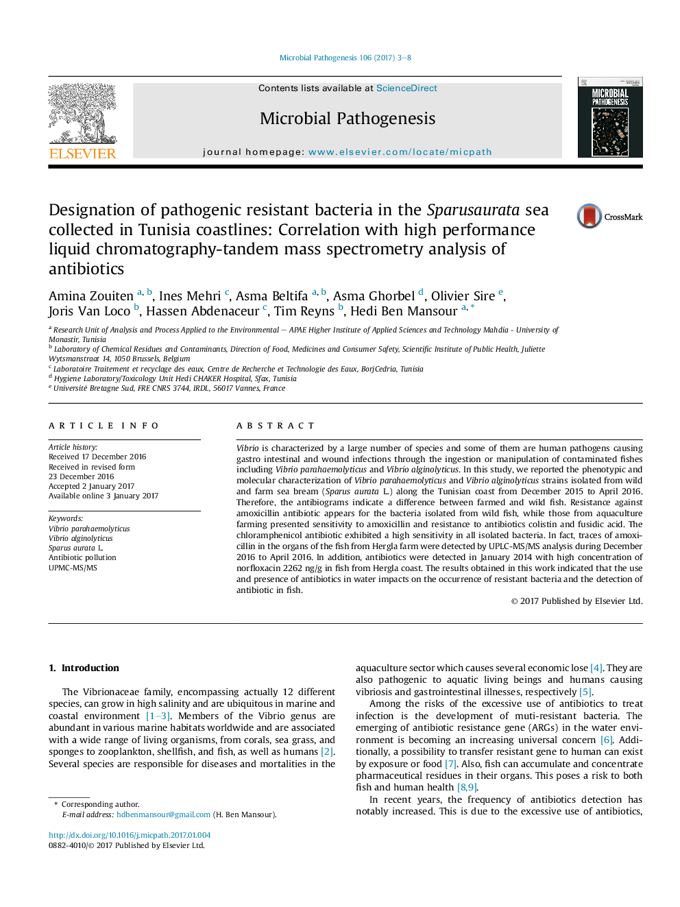 Designation of pathogenic resistant bacteria in the Sparusaurata sea collected in Tunisia coastlines: Correlation with high performance liquid chromatography-tandem mass spectrometry analysis of antibiotics