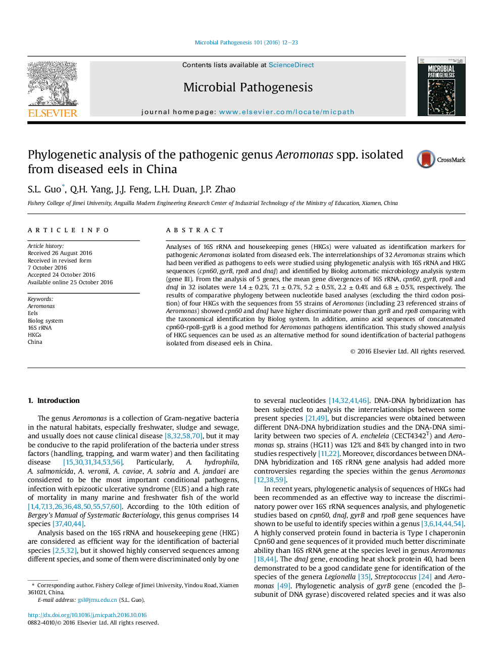 Phylogenetic analysis of the pathogenic genus Aeromonas spp. isolated from diseased eels in China