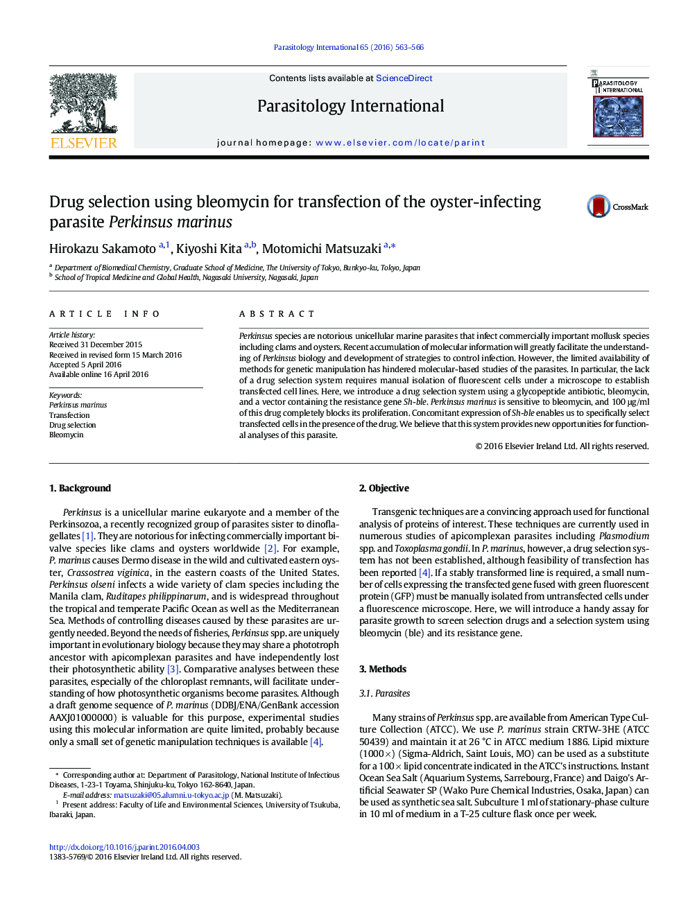 Drug selection using bleomycin for transfection of the oyster-infecting parasite Perkinsus marinus