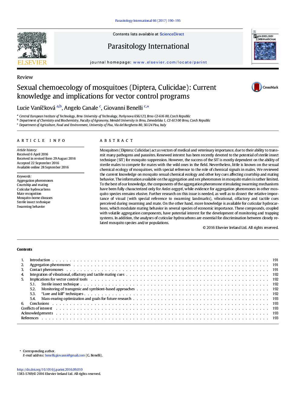 Sexual chemoecology of mosquitoes (Diptera, Culicidae): Current knowledge and implications for vector control programs