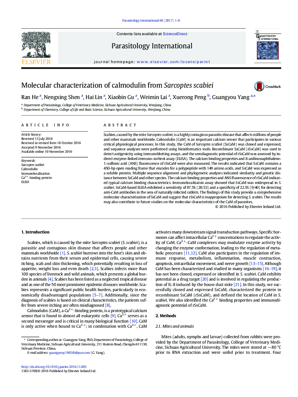 Molecular characterization of calmodulin from Sarcoptes scabiei