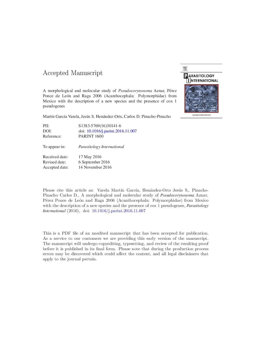 A morphological and molecular study of Pseudocorynosoma Aznar, Pérez Ponce de León and Raga 2006 (Acanthocephala: Polymorphidae) from Mexico with the description of a new species and the presence of cox 1 pseudogenes