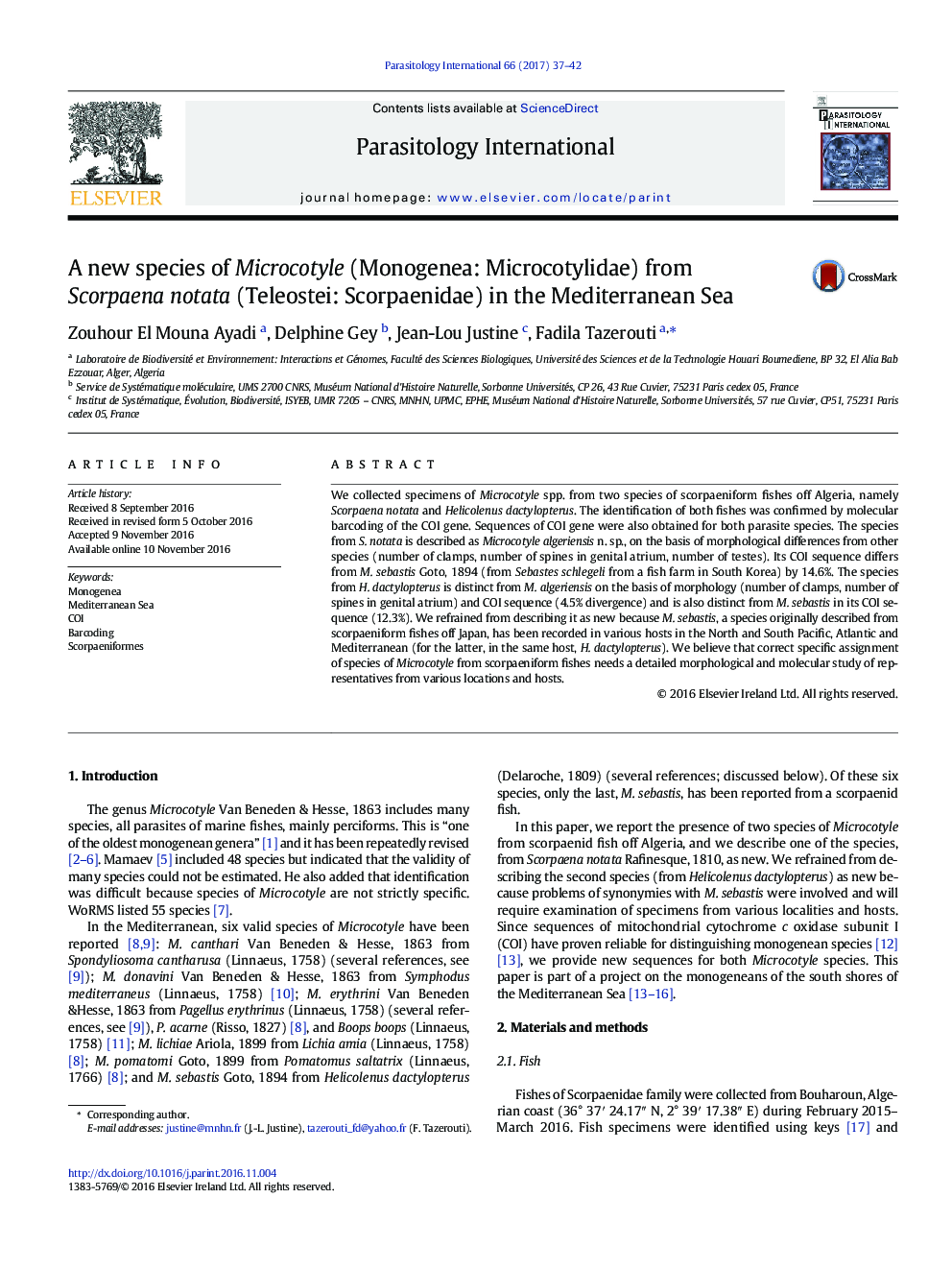 A new species of Microcotyle (Monogenea: Microcotylidae) from Scorpaena notata (Teleostei: Scorpaenidae) in the Mediterranean Sea