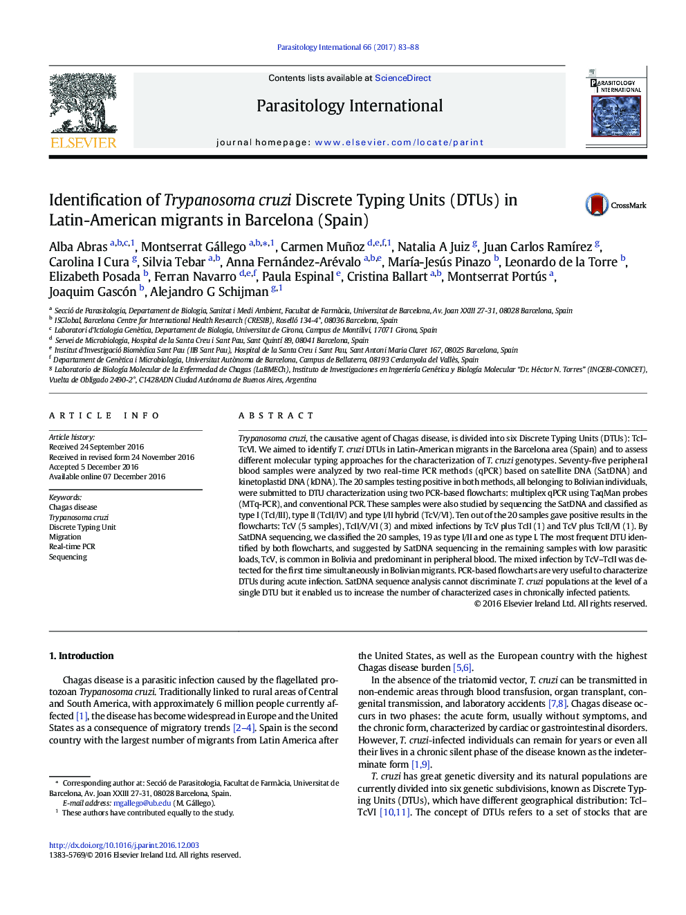 Identification of Trypanosoma cruzi Discrete Typing Units (DTUs) in Latin-American migrants in Barcelona (Spain)