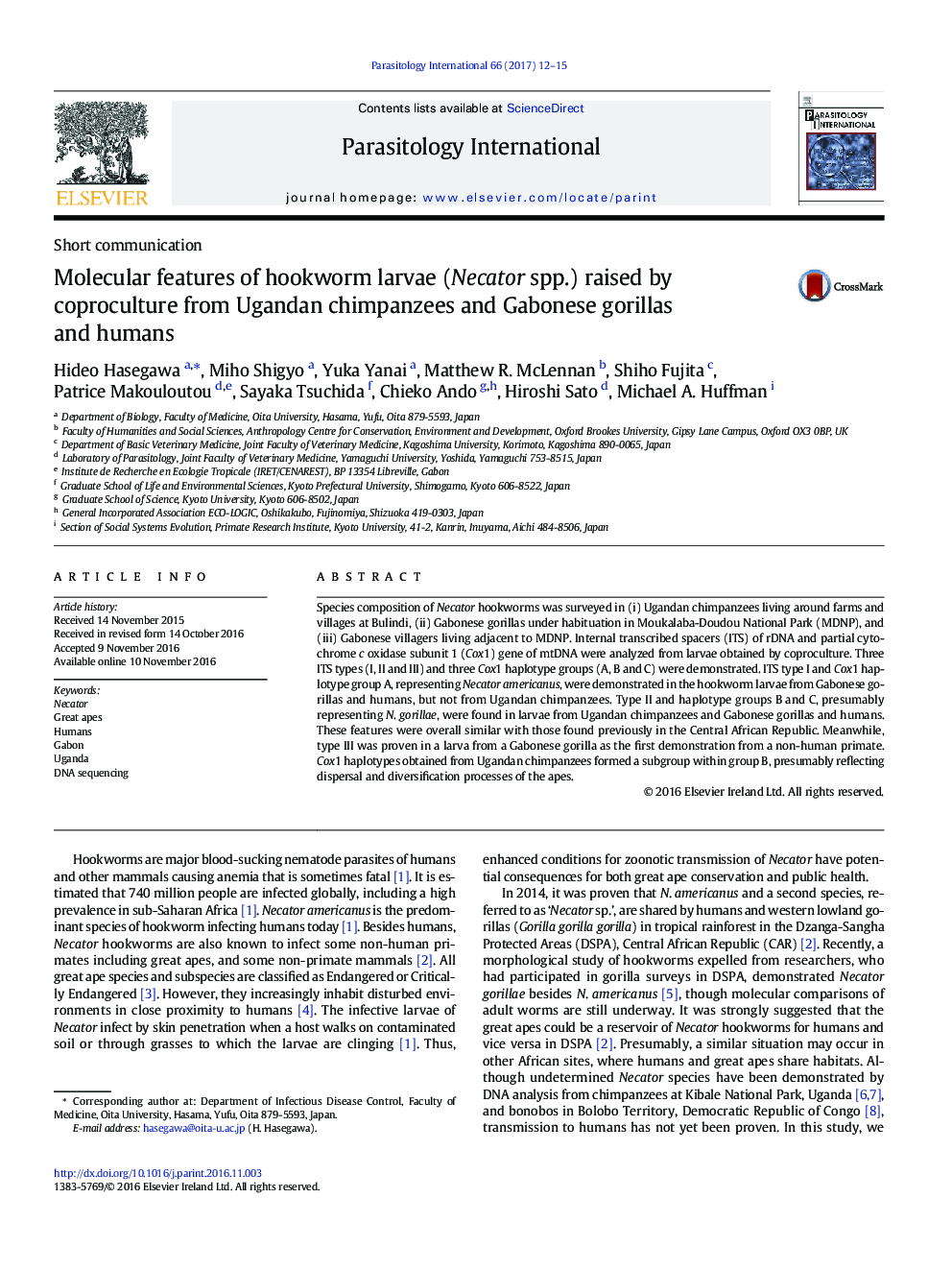 Molecular features of hookworm larvae (Necator spp.) raised by coproculture from Ugandan chimpanzees and Gabonese gorillas and humans