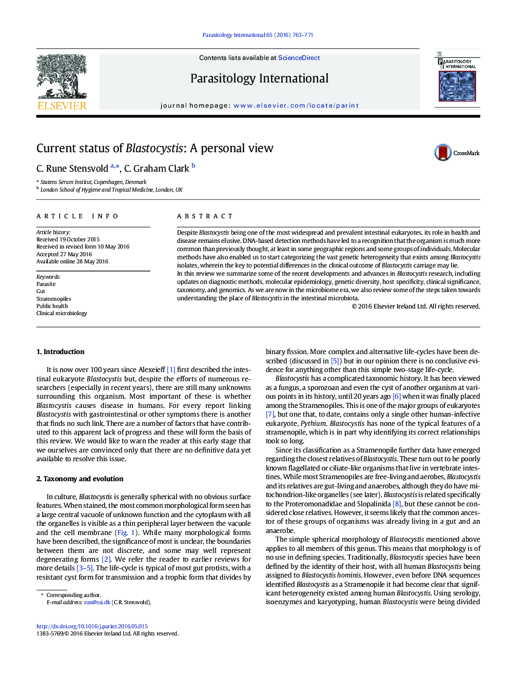 Current status of Blastocystis: A personal view