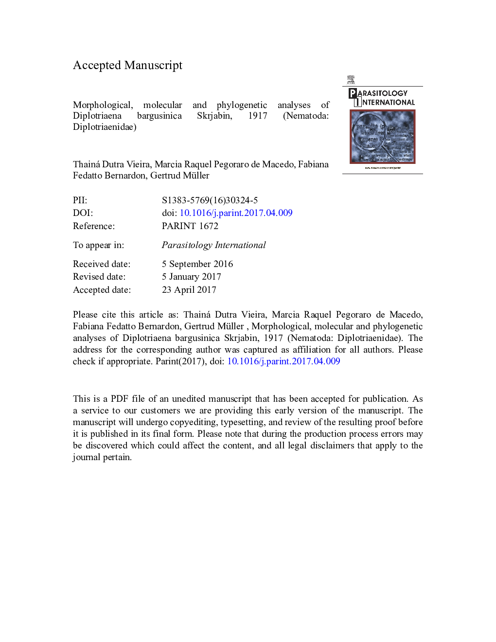 Morphological, molecular and phylogenetic analyses of Diplotriaena bargusinica Skrjabin, 1917 (Nematoda: Diplotriaenidae)