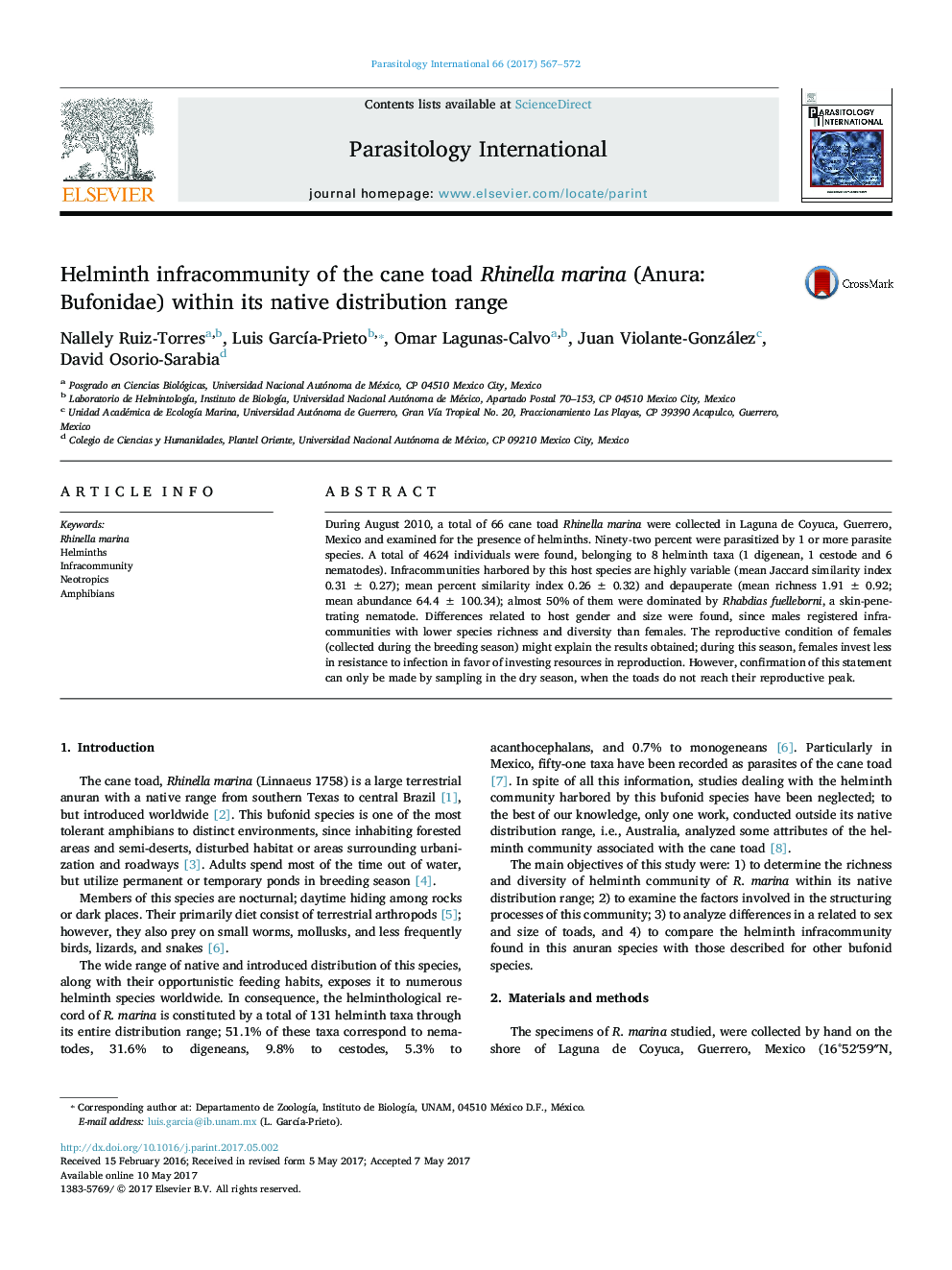 Helminth infracommunity of the cane toad Rhinella marina (Anura: Bufonidae) within its native distribution range