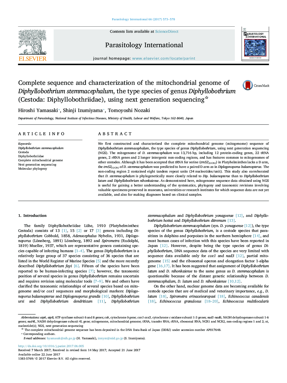 Complete sequence and characterization of the mitochondrial genome of Diphyllobothrium stemmacephalum, the type species of genus Diphyllobothrium (Cestoda: Diphyllobothriidae), using next generation sequencing