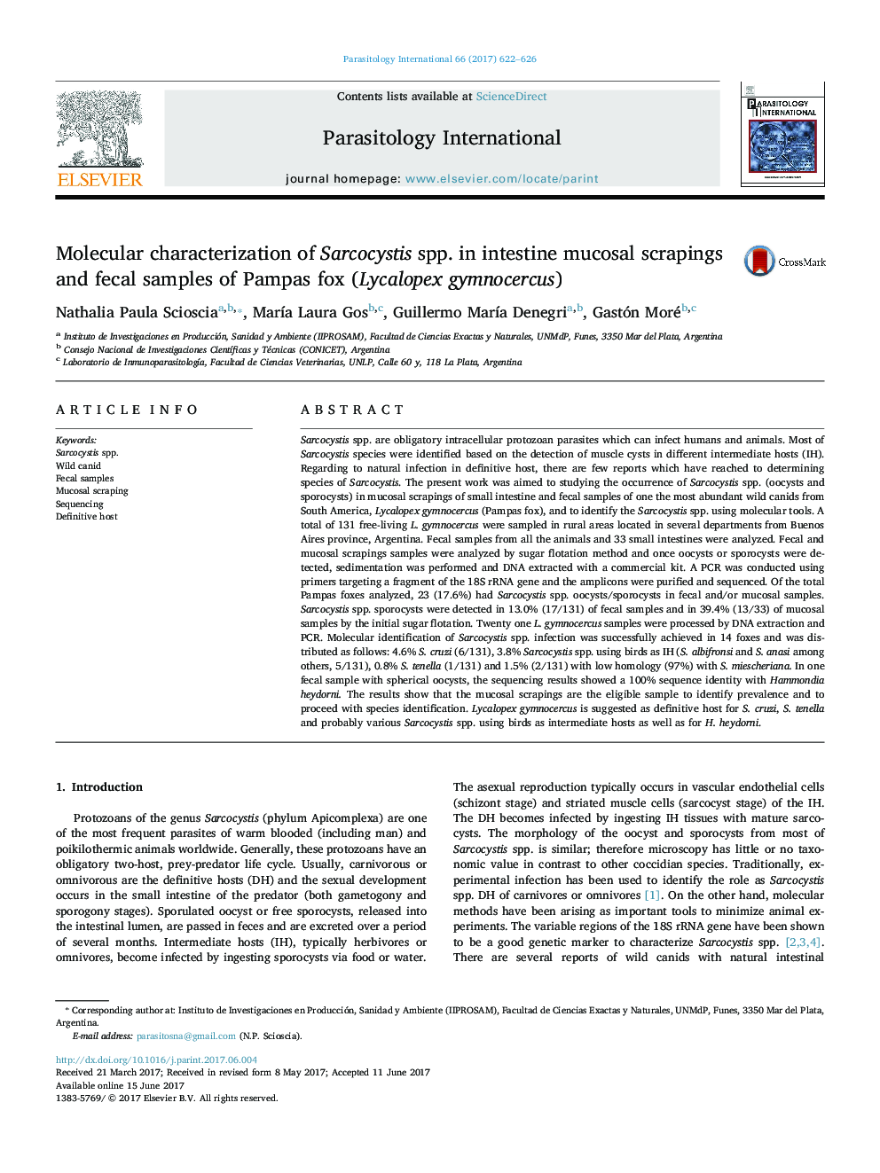 Molecular characterization of Sarcocystis spp. in intestine mucosal scrapings and fecal samples of Pampas fox (Lycalopex gymnocercus)