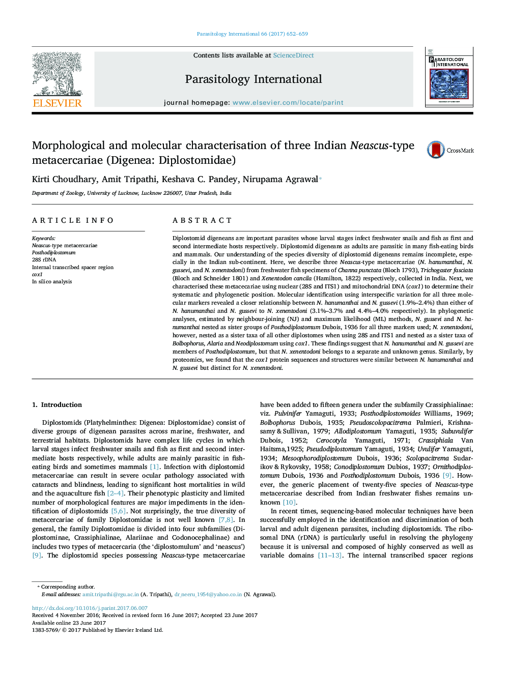 Morphological and molecular characterisation of three Indian Neascus-type metacercariae (Digenea: Diplostomidae)