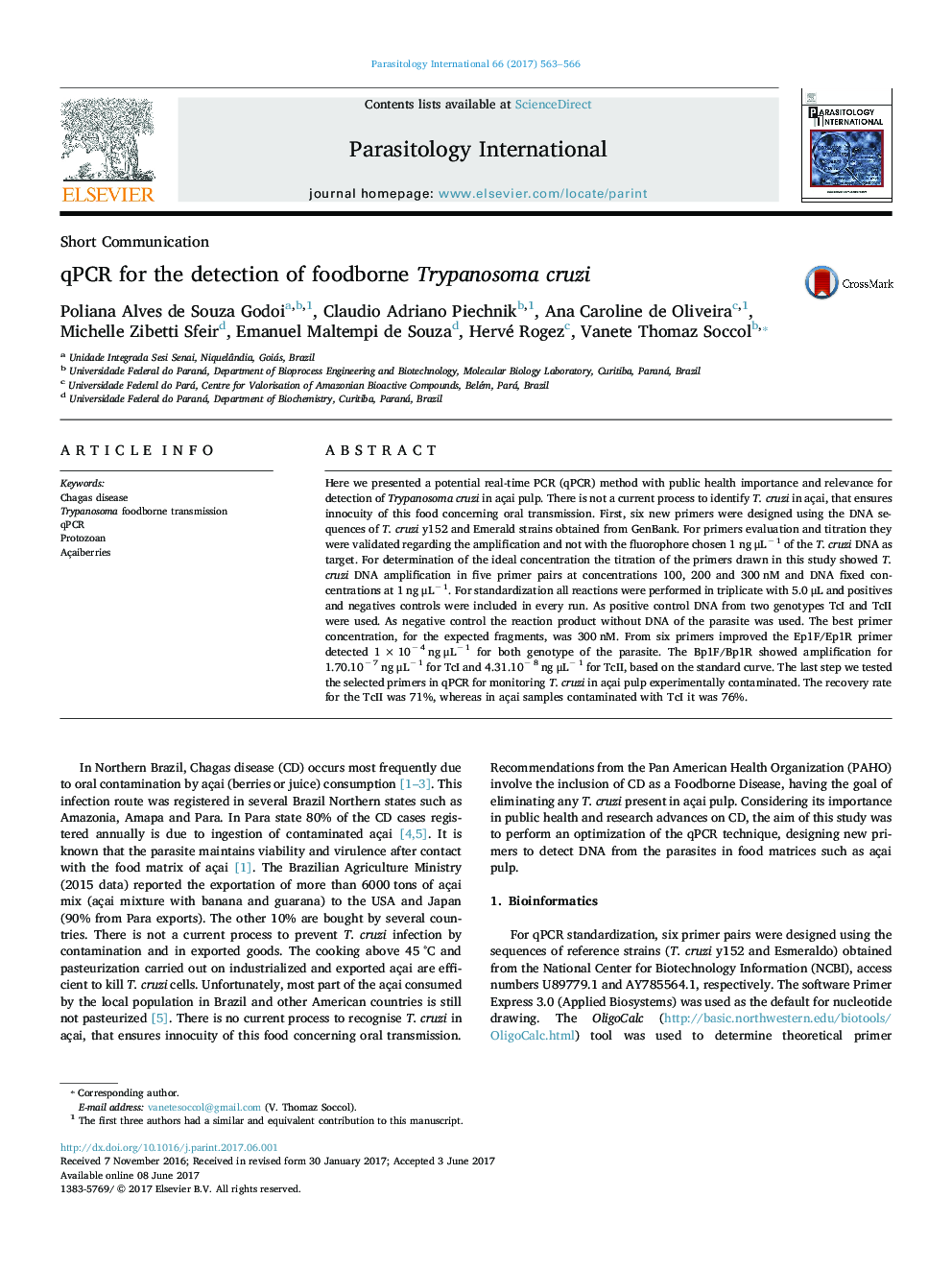 Short CommunicationqPCR for the detection of foodborne Trypanosoma cruzi