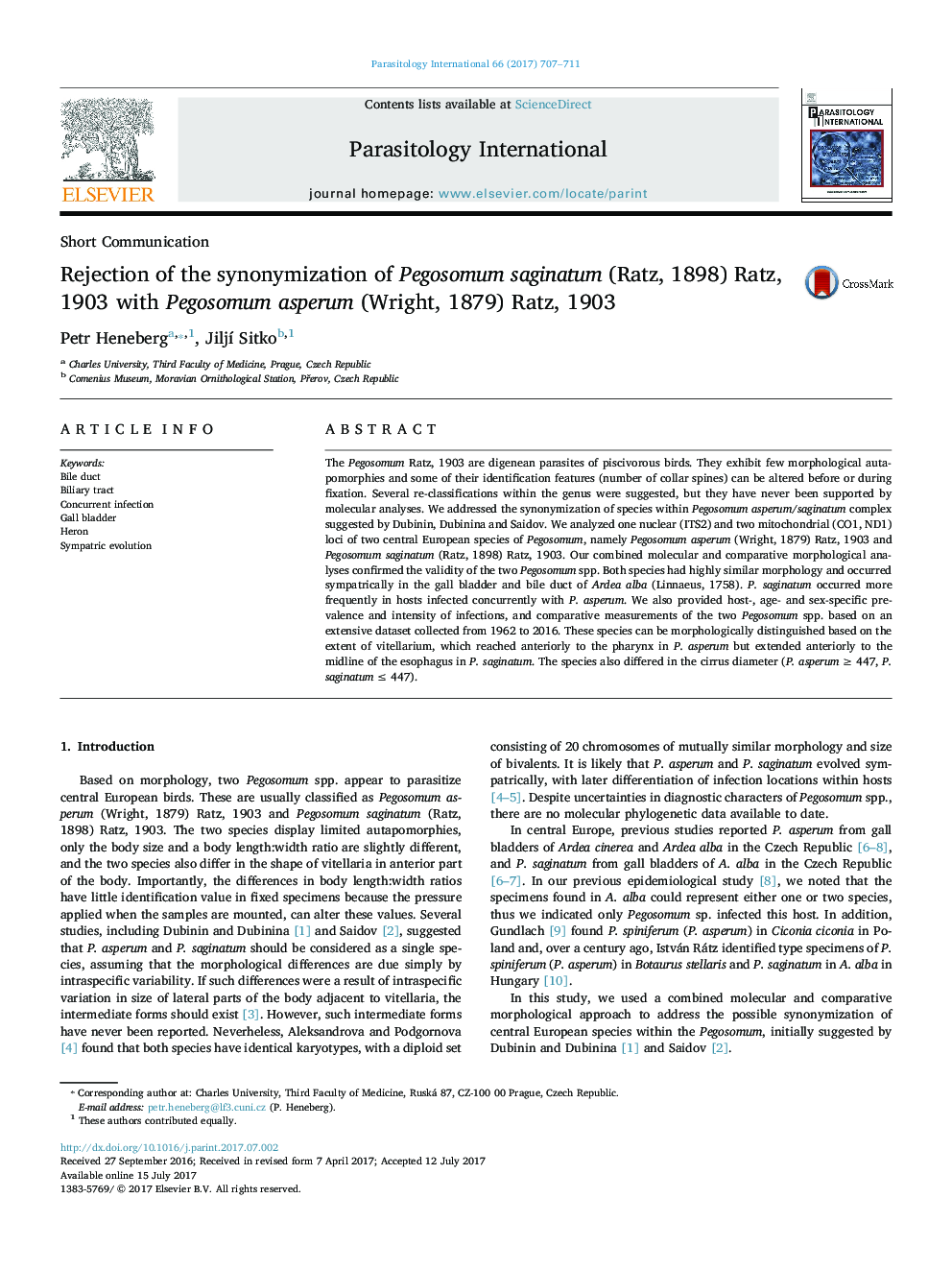 Rejection of the synonymization of Pegosomum saginatum (Ratz, 1898) Ratz, 1903 with Pegosomum asperum (Wright, 1879) Ratz, 1903