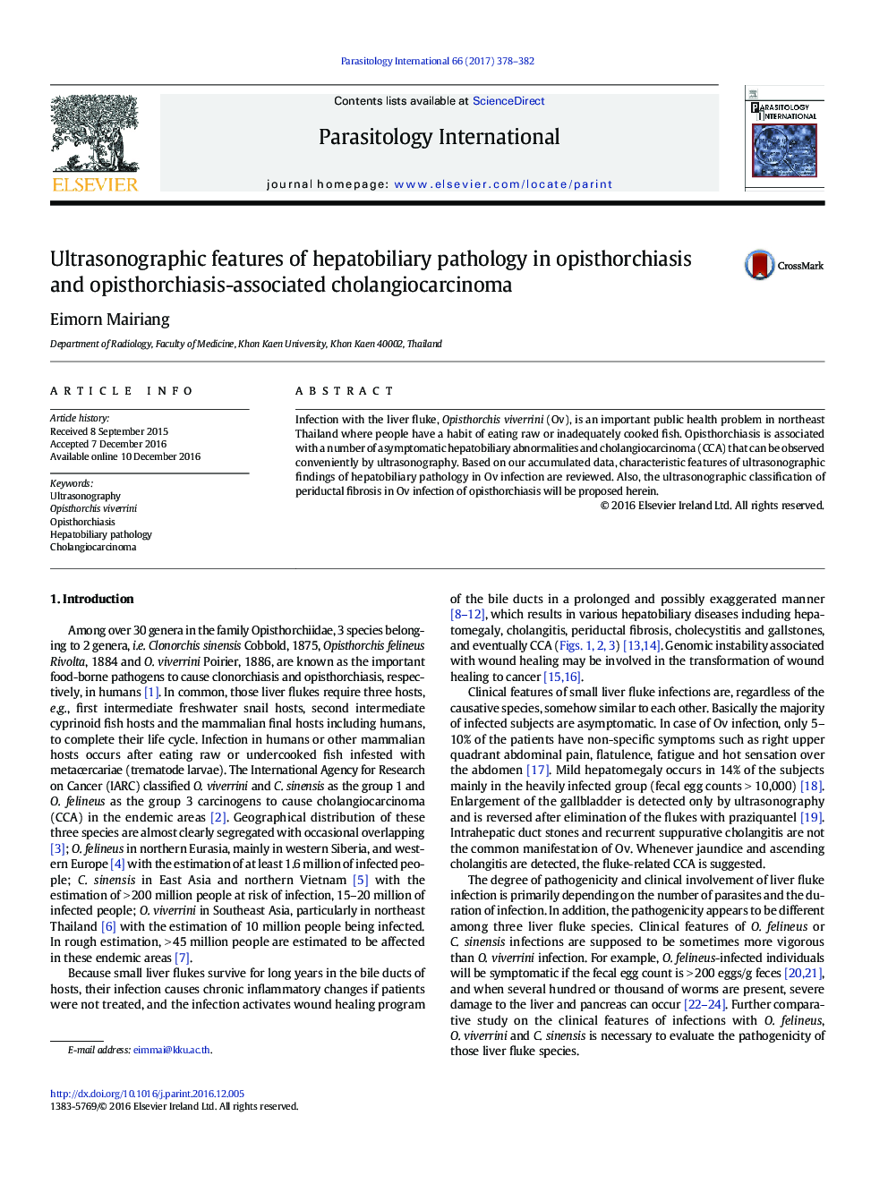 Ultrasonographic features of hepatobiliary pathology in opisthorchiasis and opisthorchiasis-associated cholangiocarcinoma