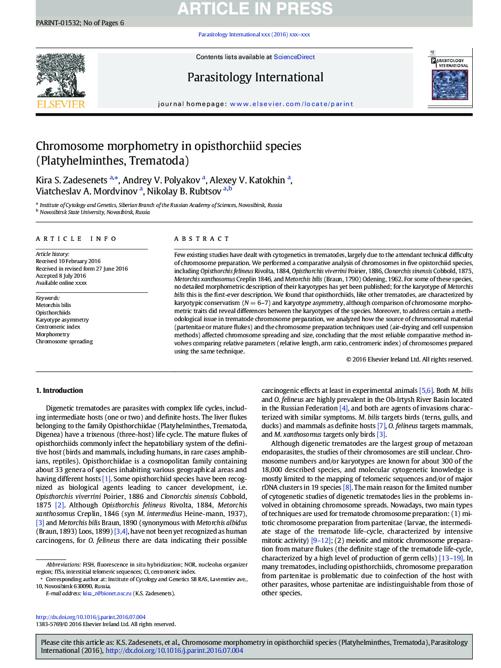 Chromosome morphometry in opisthorchiid species (Platyhelminthes, Trematoda)