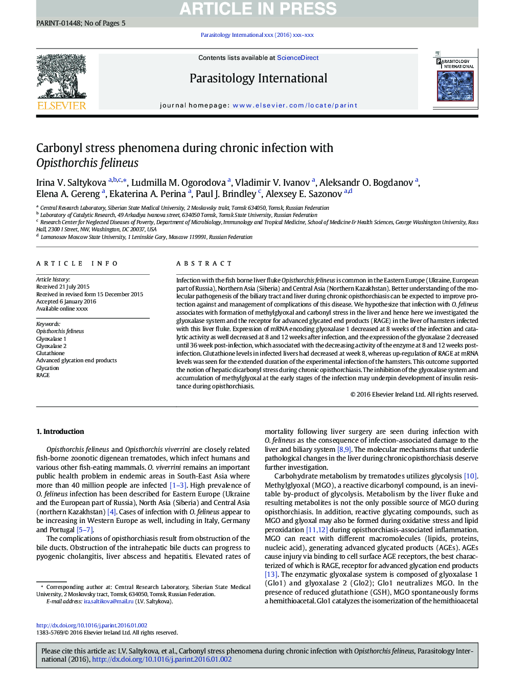 Carbonyl stress phenomena during chronic infection with Opisthorchis felineus