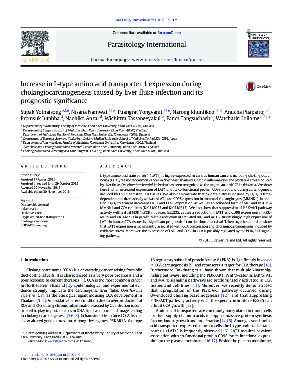 Increase in L-type amino acid transporter 1 expression during cholangiocarcinogenesis caused by liver fluke infection and its prognostic significance