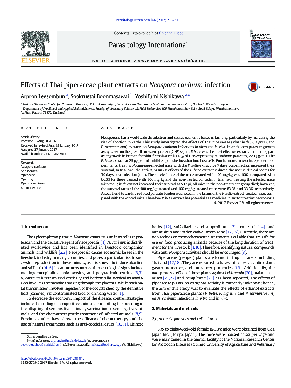 Effects of Thai piperaceae plant extracts on Neospora caninum infection