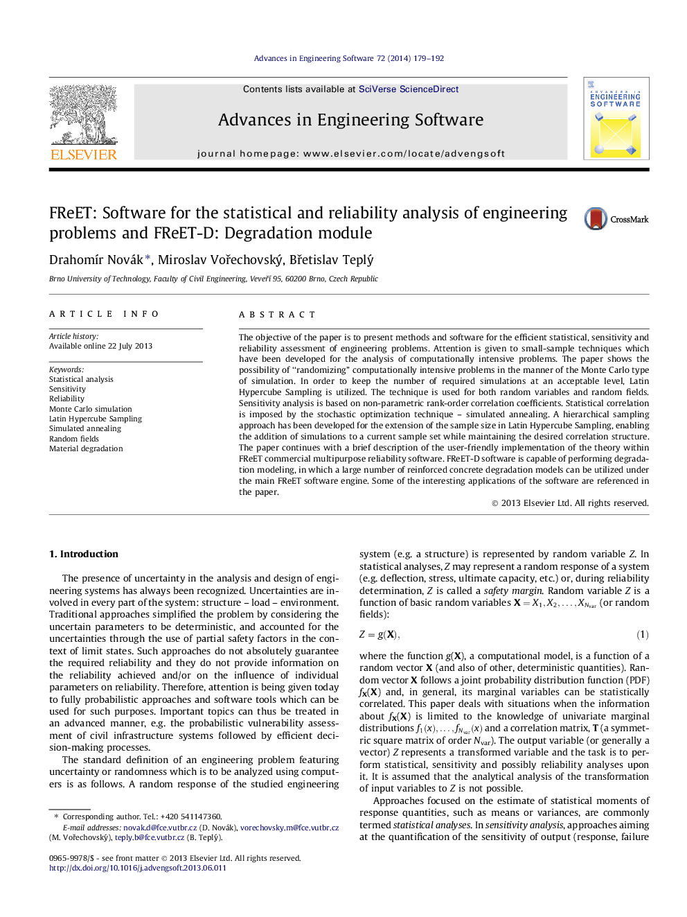 عکس صفحه اول مقاله: FReET: Software for the statistical and reliability analysis of engineering problems and FReET-D: Degradation module FReET: Software for the statistical and reliability analysis of engineering problems and FReET-D: Degradation module