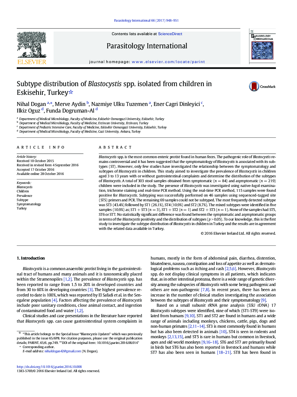 Subtype distribution of Blastocystis spp. isolated from children in Eskisehir, Turkey