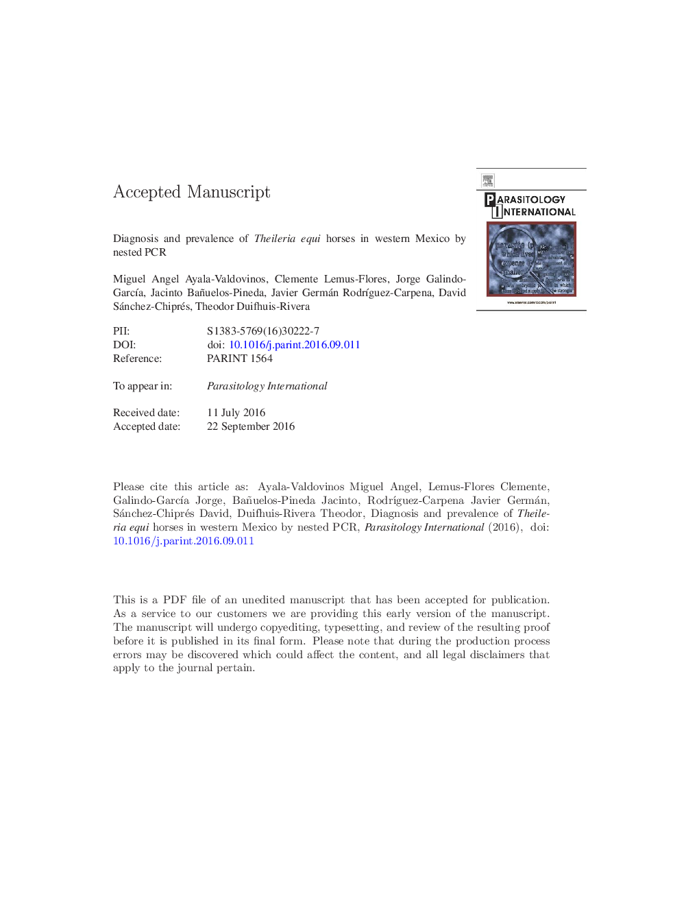 Diagnosis and prevalence of Theileria equi horses in western Mexico by nested PCR