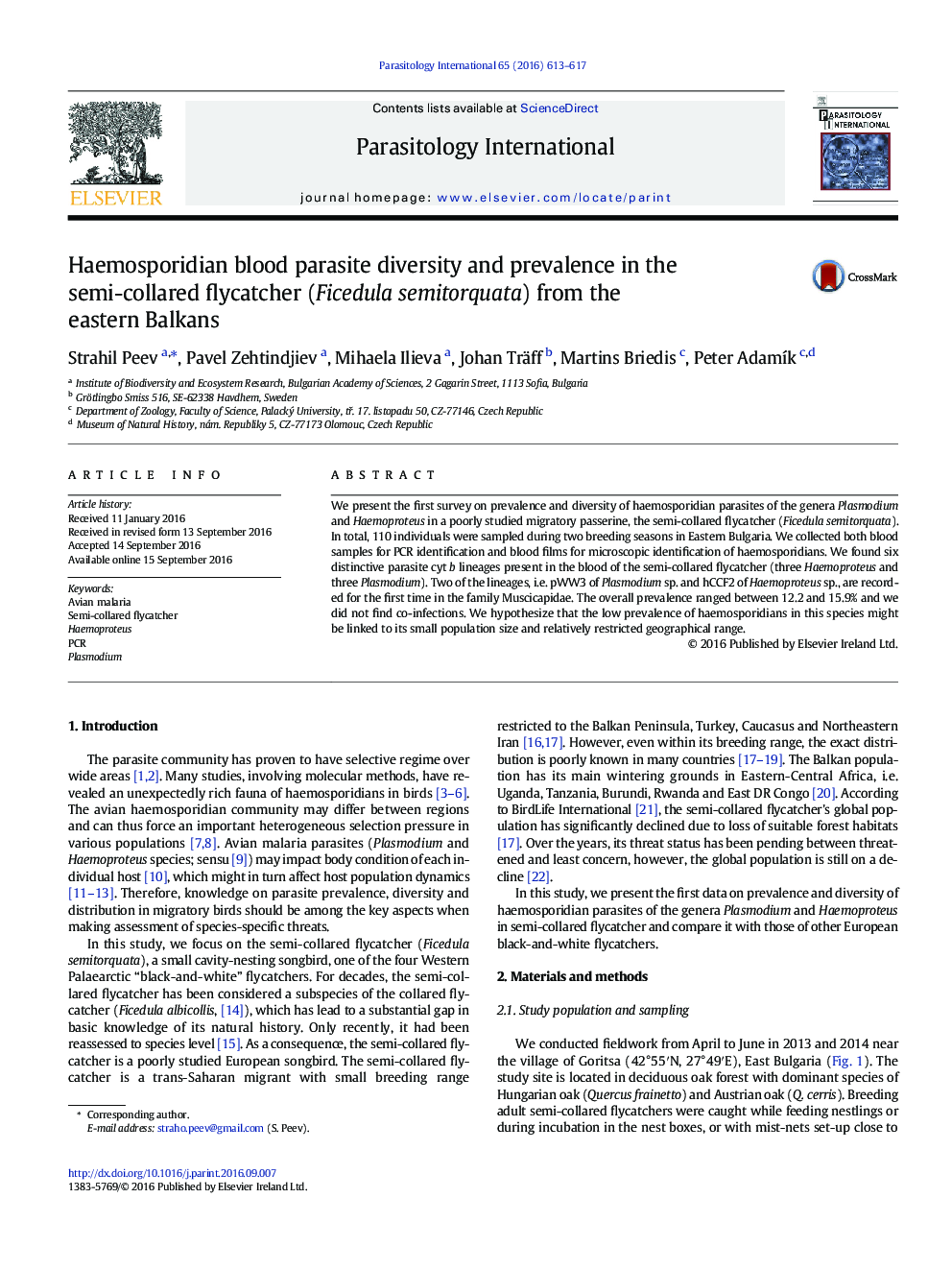 Haemosporidian blood parasite diversity and prevalence in the semi-collared flycatcher (Ficedula semitorquata) from the eastern Balkans