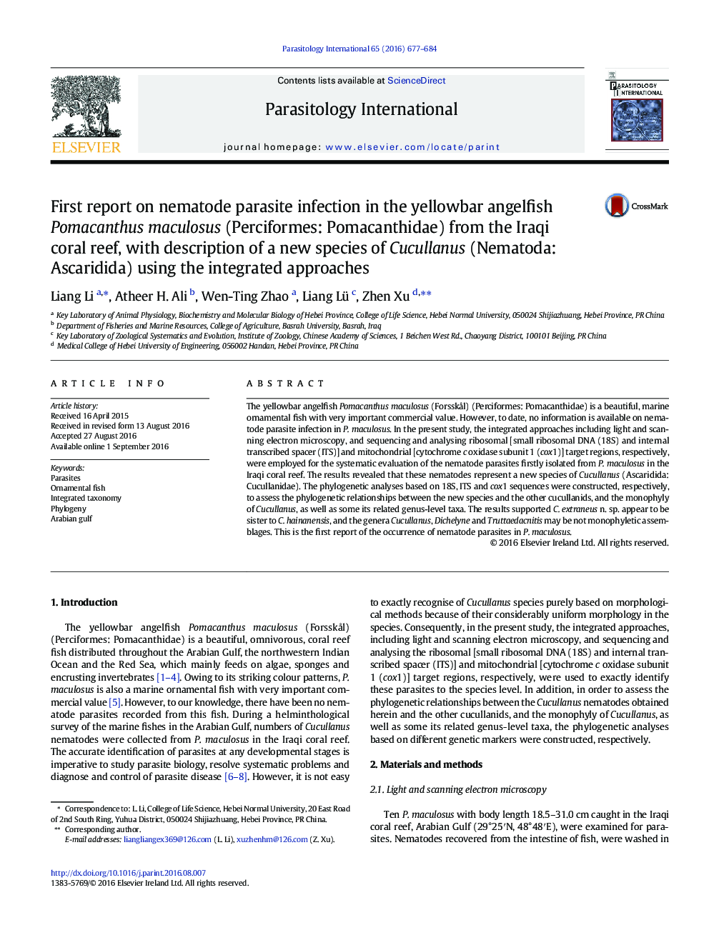 First report on nematode parasite infection in the yellowbar angelfish Pomacanthus maculosus (Perciformes: Pomacanthidae) from the Iraqi coral reef, with description of a new species of Cucullanus (Nematoda: Ascaridida) using the integrated approaches