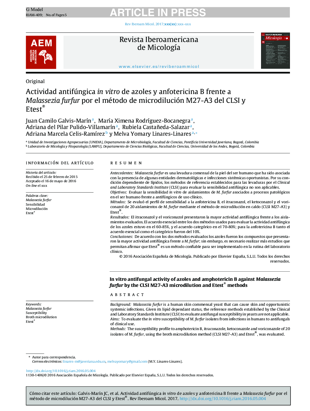Actividad antifúngica in vitro de azoles y anfotericina B frente a Malassezia furfur por el método de microdilución M27-A3 del CLSI y Etest®
