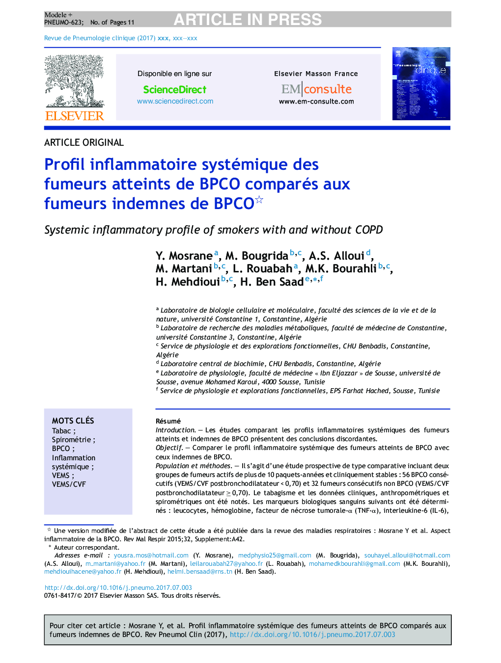 Profil inflammatoire systémique des fumeurs atteints de BPCO comparés aux fumeurs indemnes de BPCO