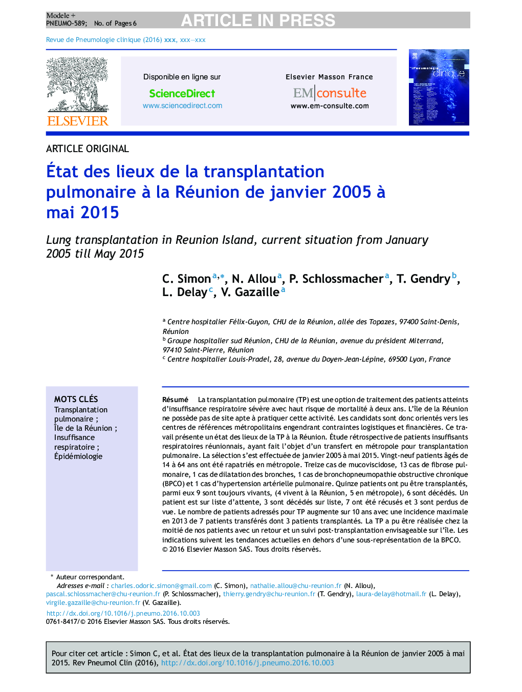 Ãtat des lieux de la transplantation pulmonaire Ã  la Réunion de janvier 2005Â Ã  mai 2015