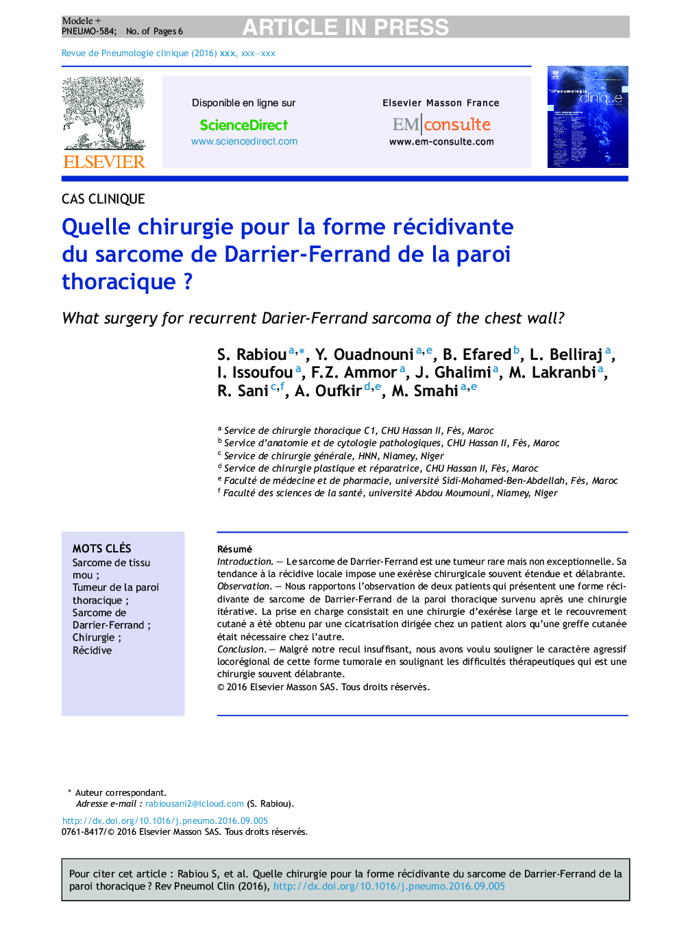 Quelle chirurgie pour la forme récidivante du sarcome de Darrier-Ferrand de la paroi thoraciqueÂ ?