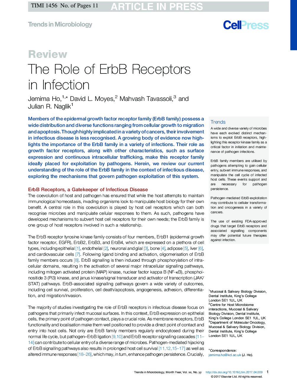 The Role of ErbB Receptors in Infection
