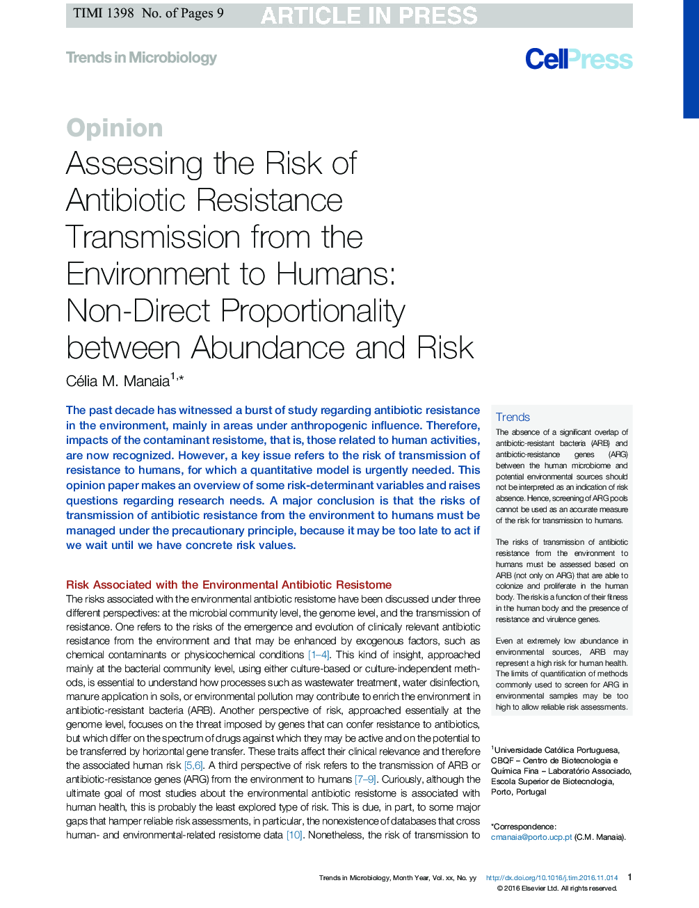 Assessing the Risk of Antibiotic Resistance Transmission from the Environment to Humans: Non-Direct Proportionality between Abundance and Risk