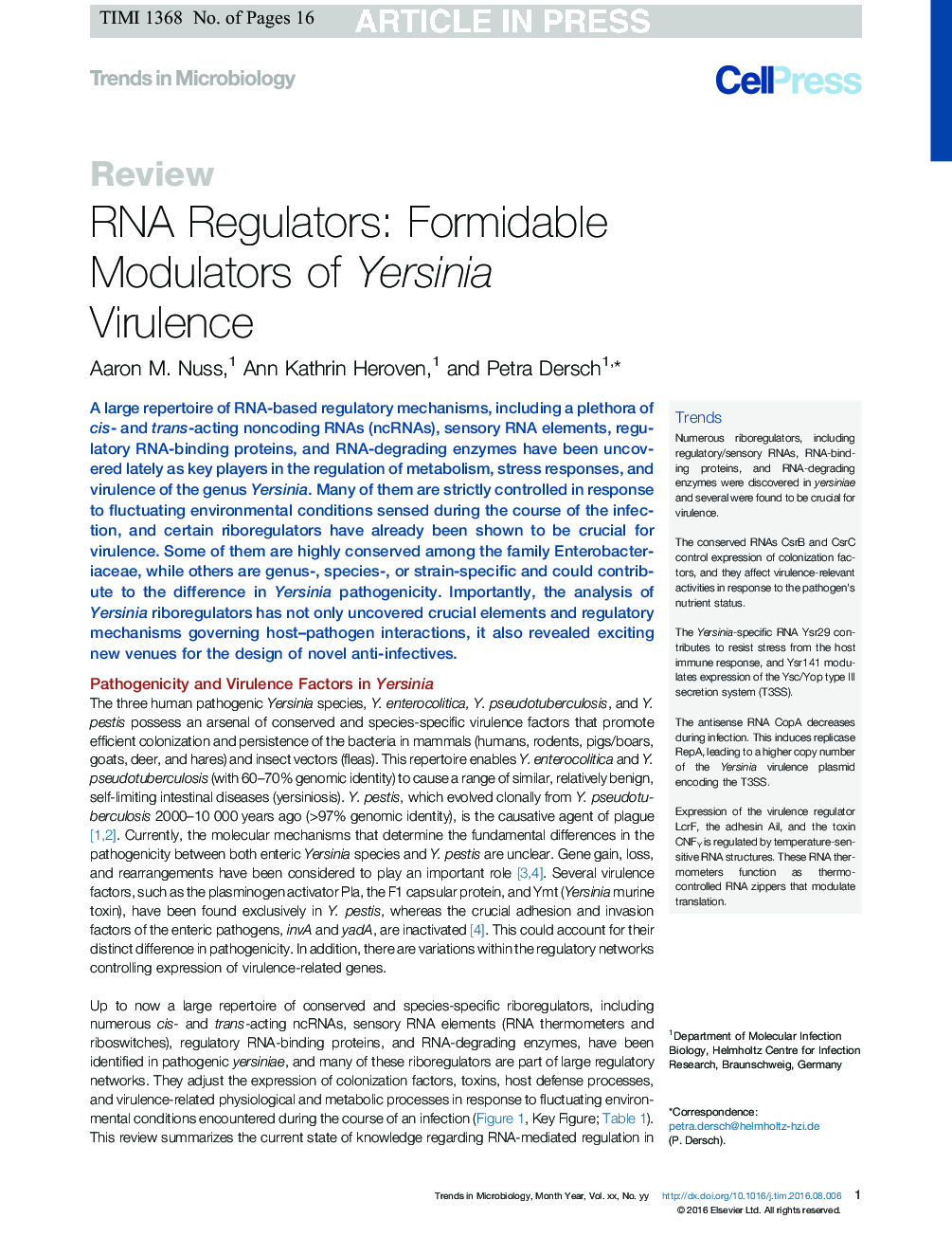 RNA Regulators: Formidable Modulators of Yersinia Virulence