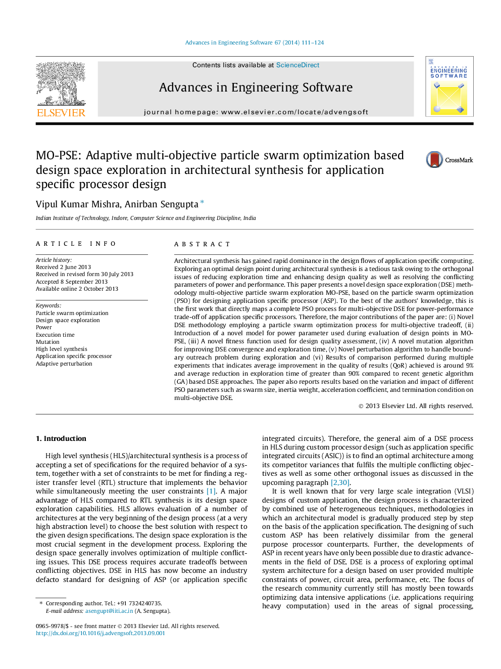 MO-PSE: Adaptive multi-objective particle swarm optimization based design space exploration in architectural synthesis for application specific processor design