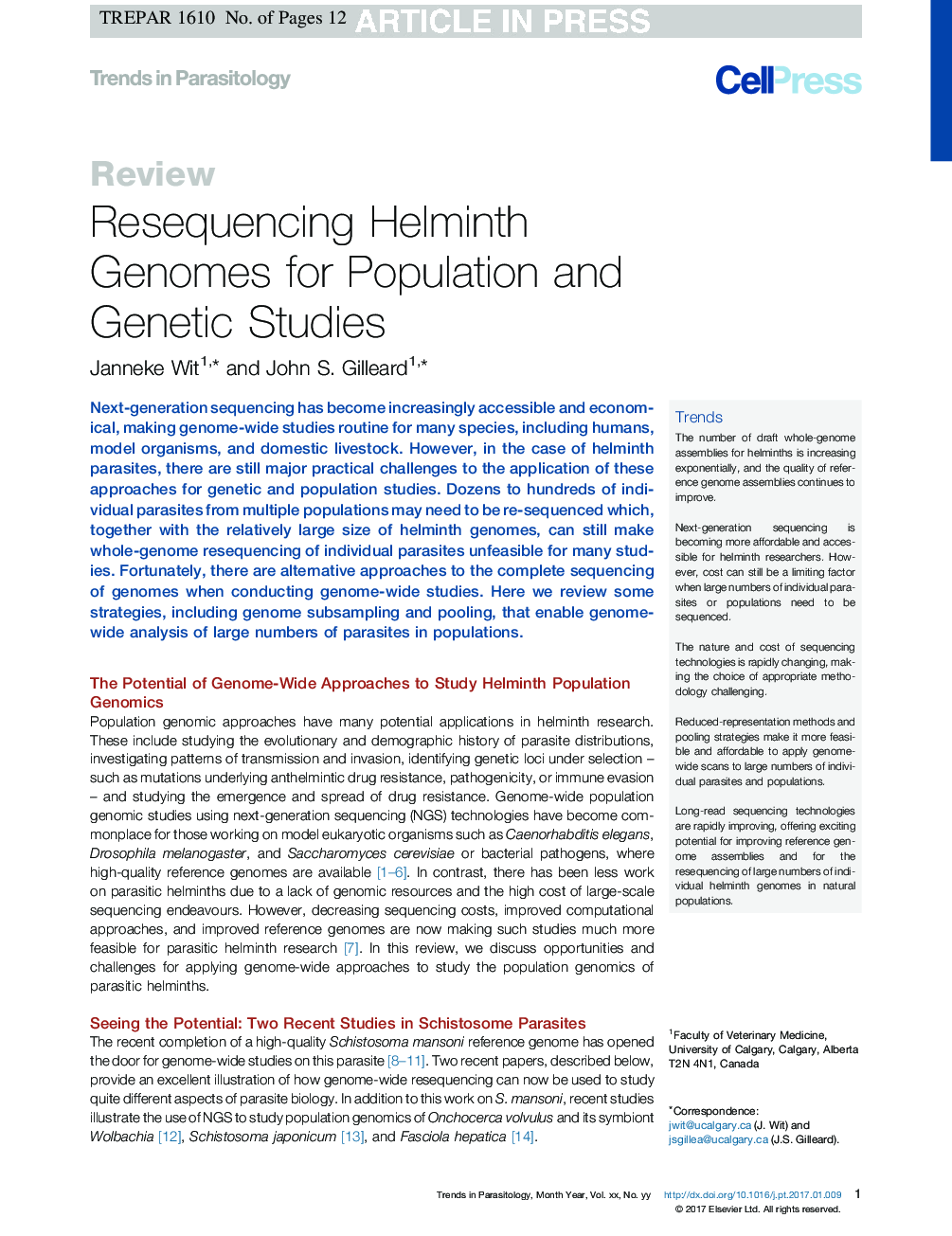 Resequencing Helminth Genomes for Population and Genetic Studies